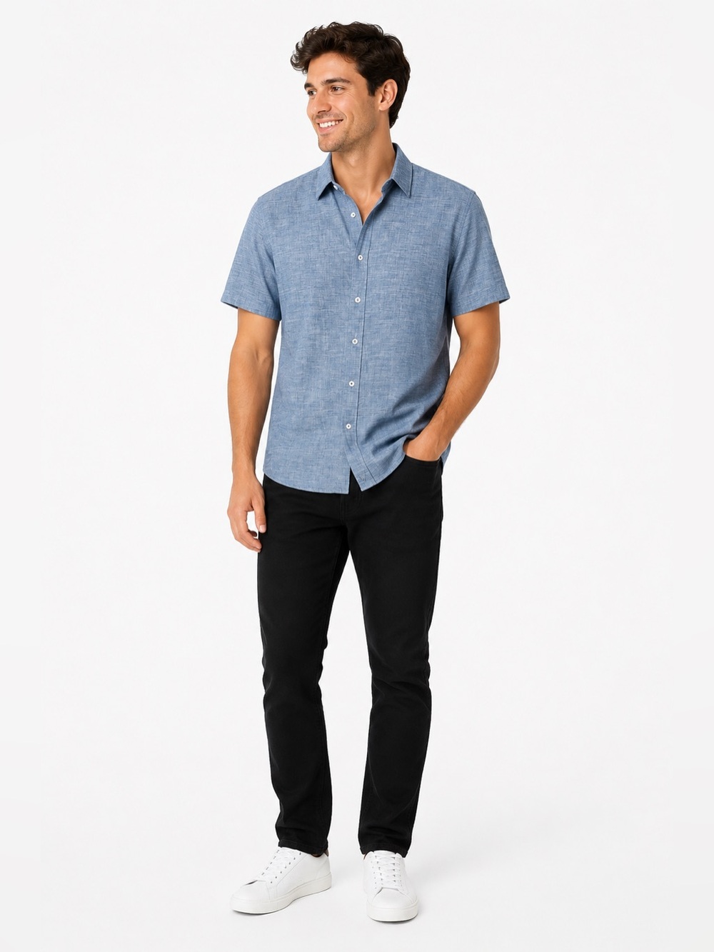 BUTTERCLOTH Short-Sleeve Casual Button-Down Shirt in Light Blue
